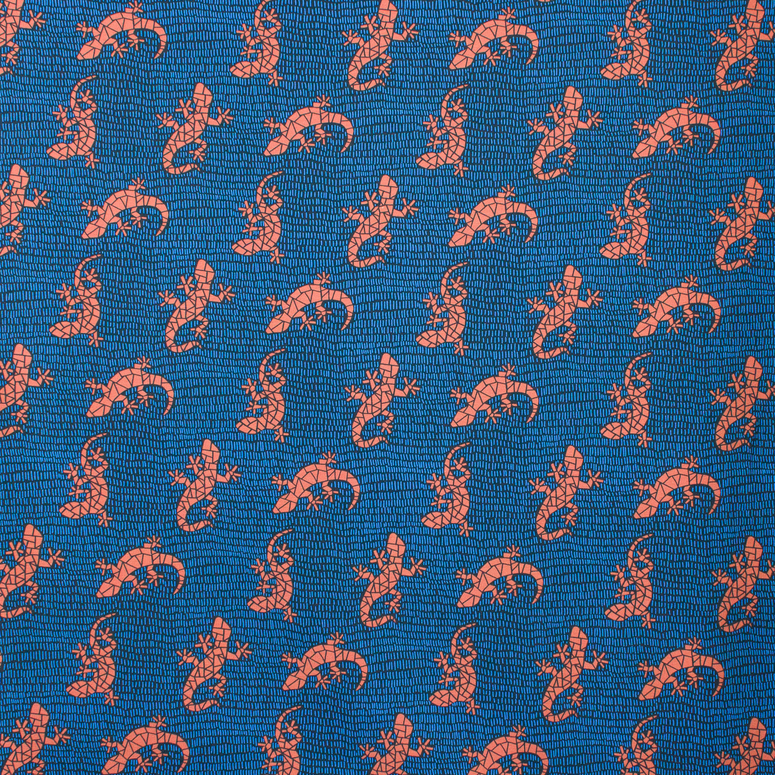 Blauwe french terry met hagedissen - "Lizards" van Käselotti
